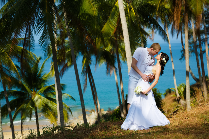 Wedding bride groom sea palm tree tropics