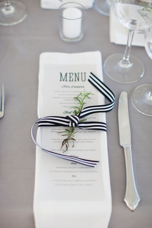 Reception-Menu-Tied-With-Black-and-White-Striped-Ribbon-300x450