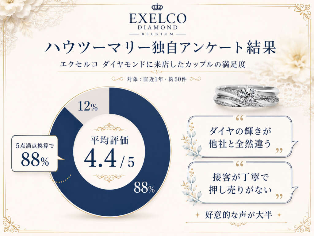 ハウツーマリー経由でエクセルコ ダイヤモンドに来店したカップルへの独自アンケート(直近1年)でも、平均評価は5点満点中4.4